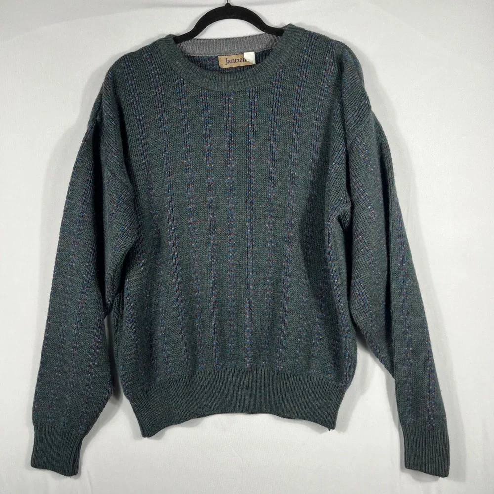 Vtg 90s Y2K Jantzen Knit Sweater Men's L Green Maroon Striped Fisherman‎ Grandpa